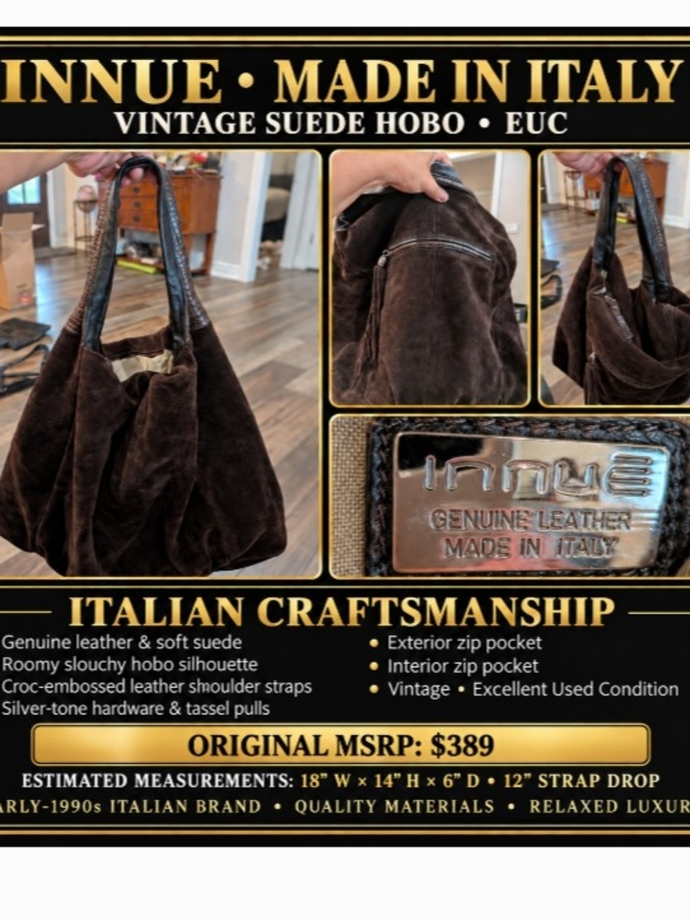Innue Vintage Italian Suede Chocolate Large Hobo 1990s